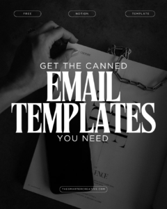 A hand reaches for a stack of papers, offering a free Notion template with canned email templates to streamline your client communication.
